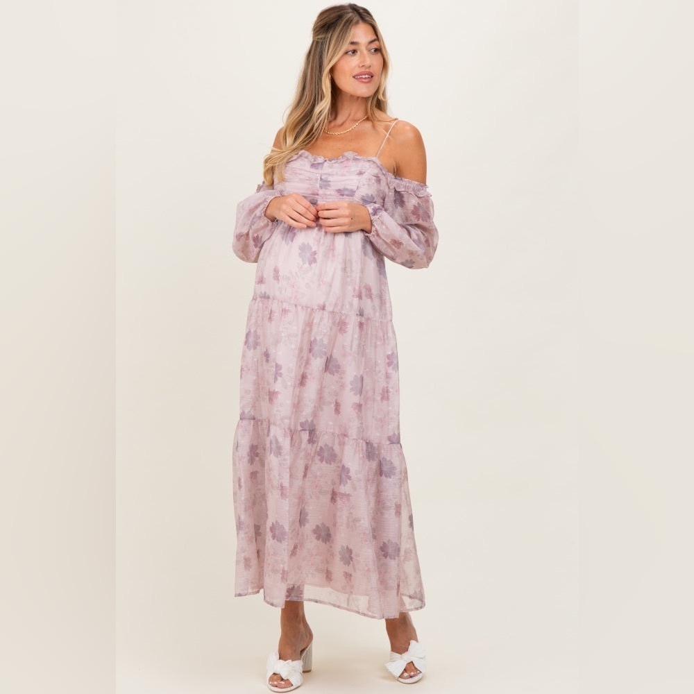 Storia Light Pink Floral Off Shoulder Long Sleeve Tiered Maxi Dress Medium girly - Picture 3 of 14